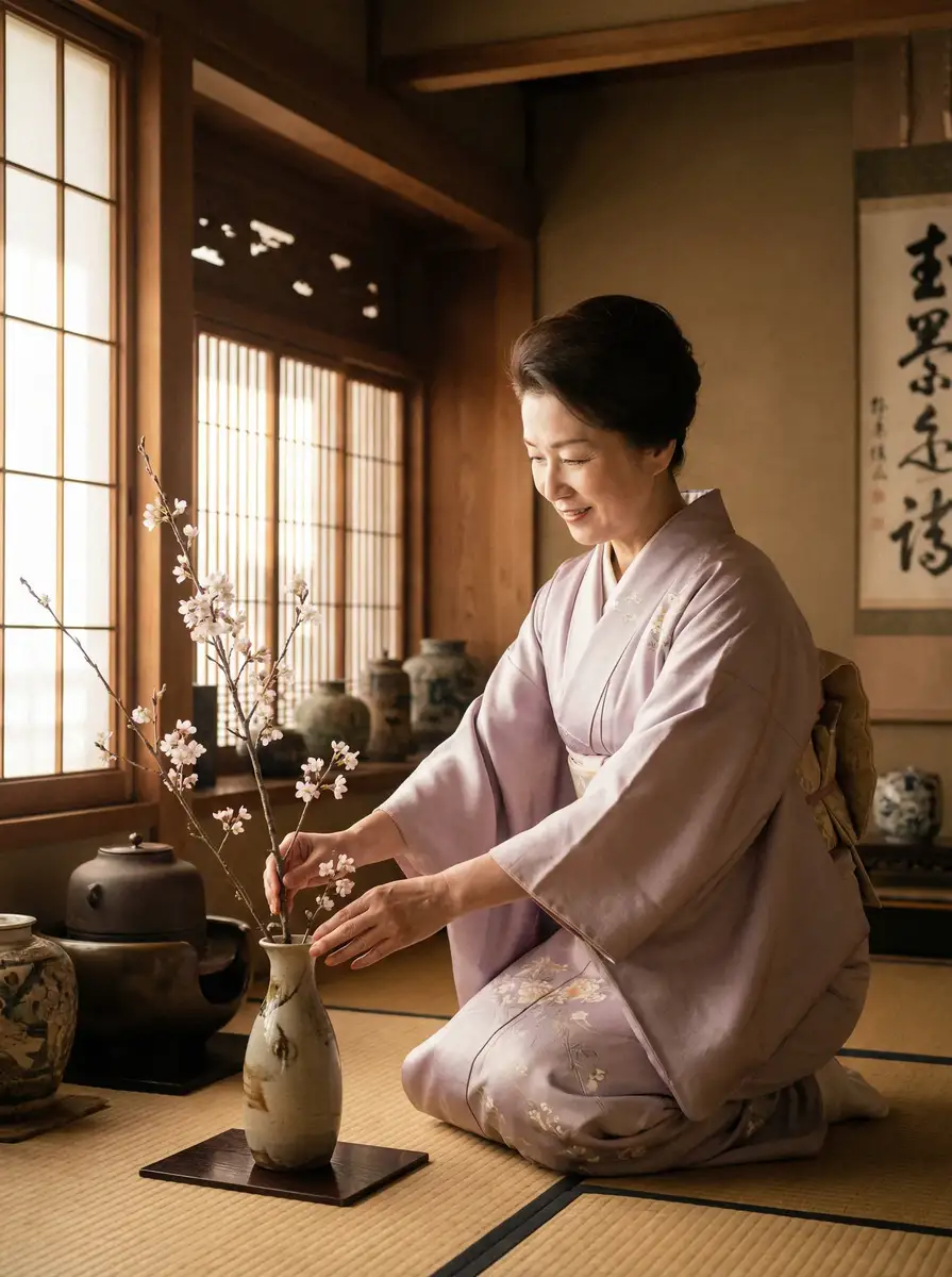 一位优雅的 2019年台湾人看大陆视频 在和室中插花